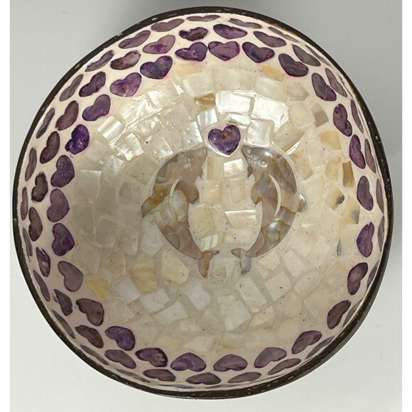 Coconut Shell Bowl Dolphin Purple‎ Hearts Mother of Pearl Handcraft Trinket Dish - Picture 2 of 6